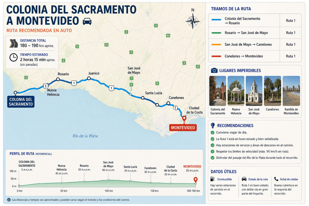 Mapa de Colonia del Sacramento hasta Montevideo.